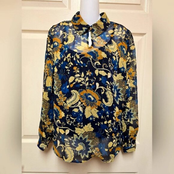 Soft Surroundings Sheer Shimmer Floral Blouse Black Nvy Yellow Sz Small - Picture 1 of 15